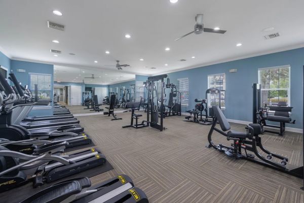 Integra Woods Spacious gym room with treadmills, weight machines, and large mirrors, blue walls, and bright lighting.
