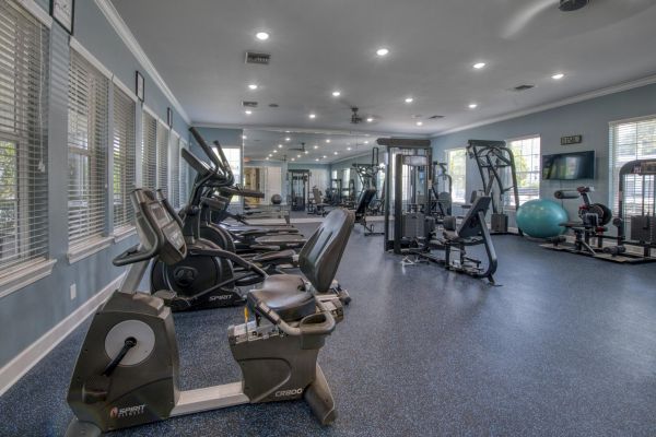 Integra Woods Spacious gym with cardio machines, weight equipment, large mirrors, windows, and blue speckled flooring.